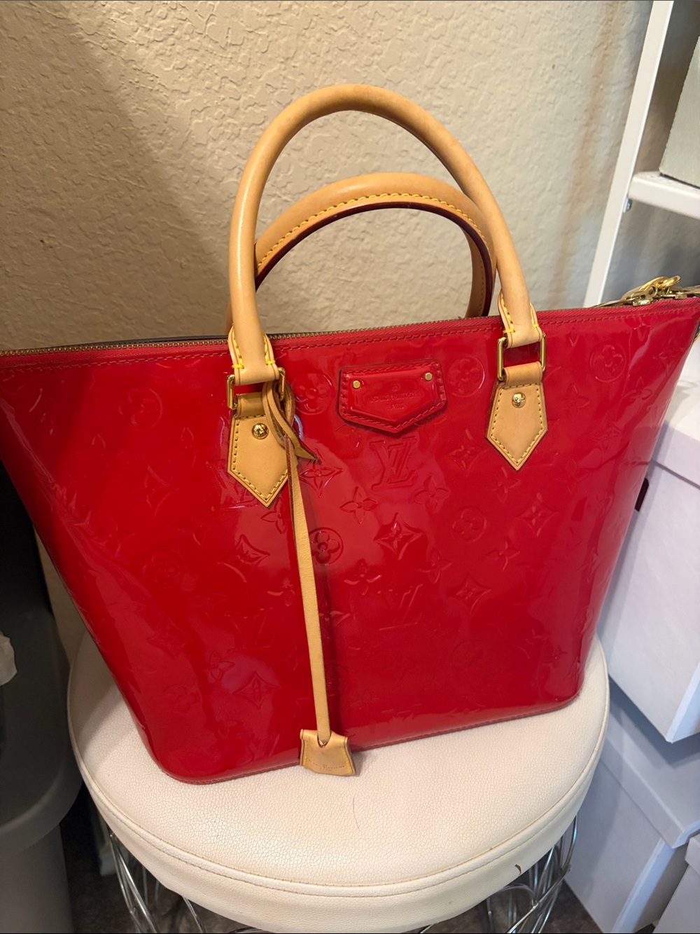 Louis Vuitton Red Patent Tote with Natural Leather Trim